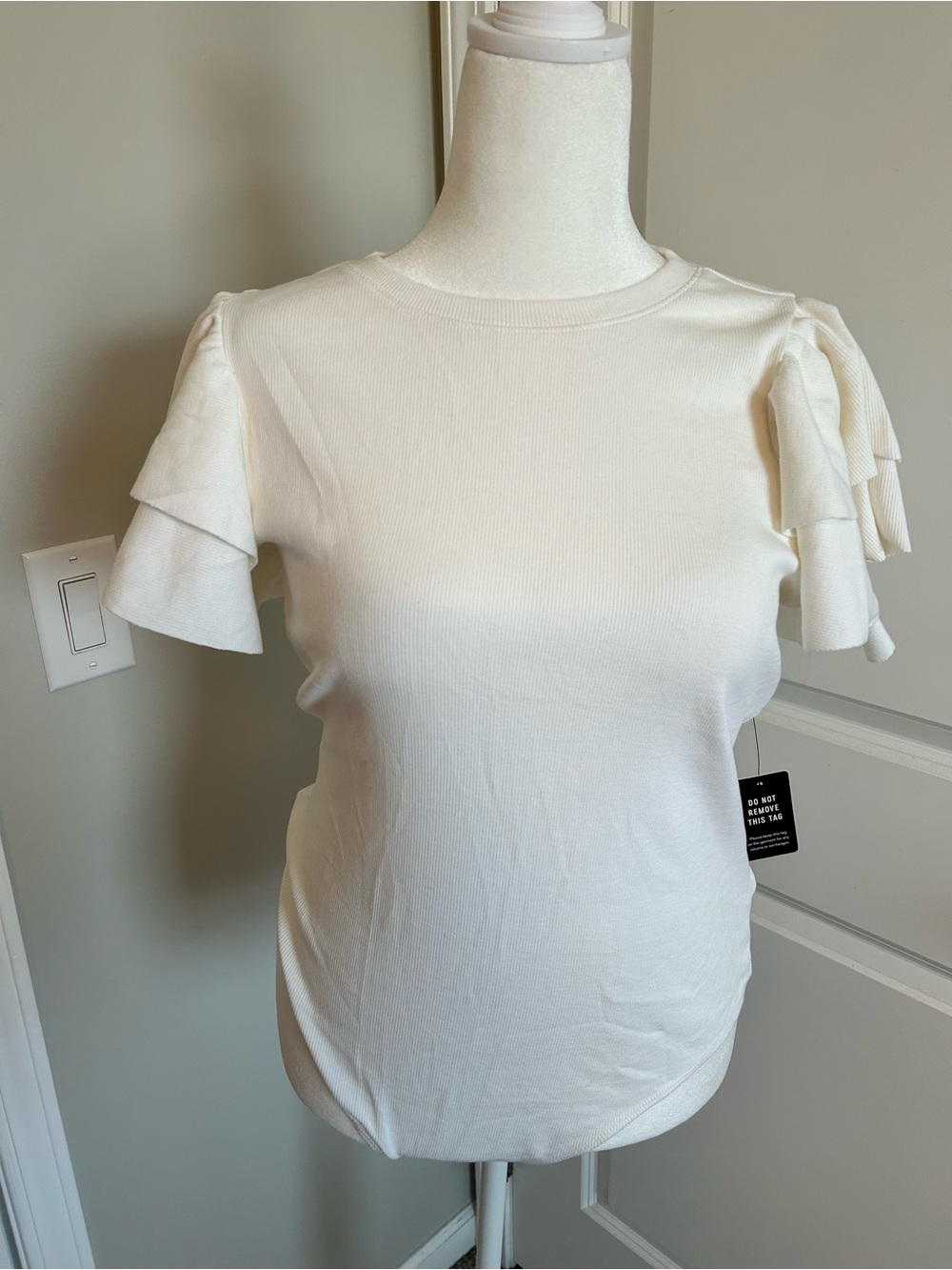 Express Off White Layered Ruffle Sleeve Short Sleeve Bodysuit